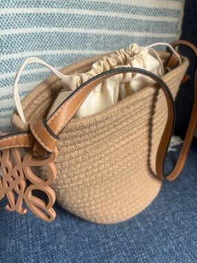 Loewe Tan Woven Bucket Shoulder Bag with Leather Charm